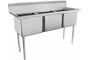 Empura 63" Wide Stainless Steel Three Compartment Commercial Sink | Prep Utility 18 x 18 Bowl for Catering Laundry Garage | 3.5" Drain Basket, 9.75" Backsplash, 63"W x 23.5"D x 44.25"H, 18 Gauge, NSF