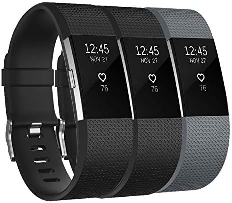 Keasy Bands Compatible with Fitbit Charge 2, Soft Adjustable Replacement Wristbands Strap for Charge 2, 3 Colors in 1 Pack (Black/Black/Gray, Large (6.7"-8.1"))