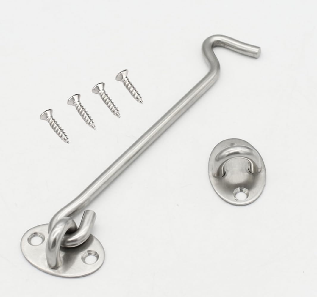 1PCS Stainless Steel Cabin Hook and Hook and Eye Latch, 7.48 Inch shed Door Latch Heavy Duty, gate Latch for Wooden Gates，Window Brace Gate Door Catch Silent Holder (Silver7.48Inch)