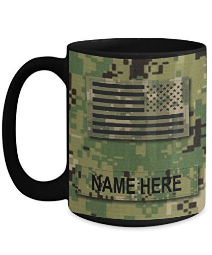Personalized Navy Coffee Mug - US NAVY Officer, Lieutenant Junior Grade (LTJG) - O2 - NWU Type III Material-Customize with Name or Text - 15 oz Cup - US Navy Gift