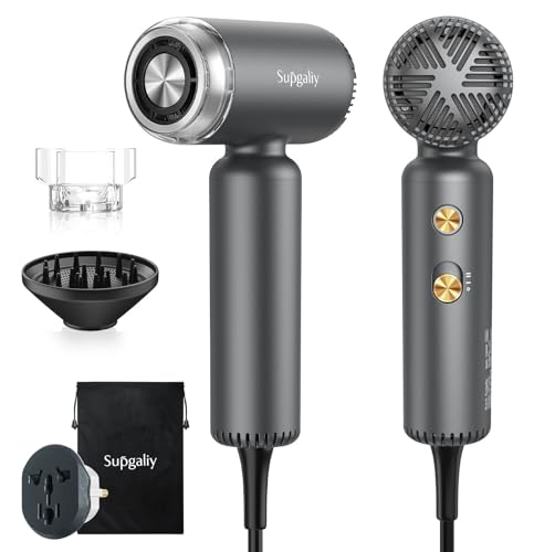 SUPGALIY Travel Dual Voltage Mini Hair Dryer, Ionic High-Speed Blow Dryer for Fast Drying, Compact Hair Hairdryer with Magnetic Curly Diffuser Women, Portable Hairdryers International Europe 110-240V