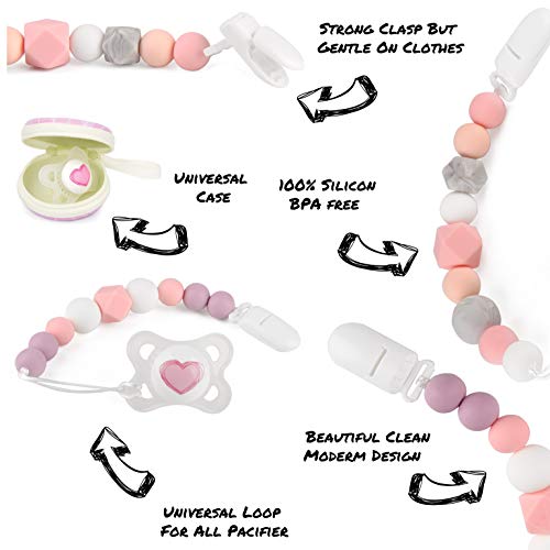 Silicone Pacifier Clip by Dodo Babies Pack of 2 + Pacifier Case, Premium Teething Bead for Girls Modern Designs Universal Holder Leash for Pacifiers, Teething Toy or Soothie, Baby Shower Gift Set - Thumbnail 2