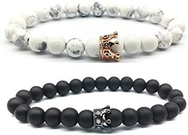 Tuogle London Couple Distance Bracelets with Box and Card | Genuine Black Agate and White Howlite Stones | King and Queen Bracelets | Couple Bracelets | for Lovers, Friends and Family (8mm Beads)
