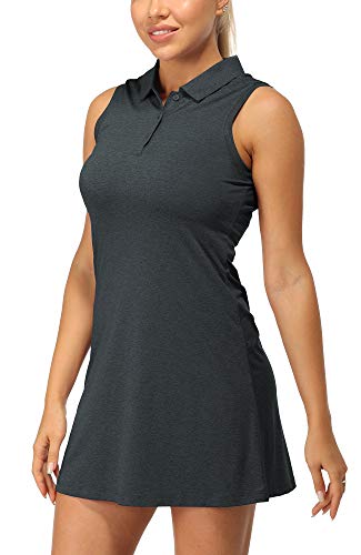 ICYZONE TENNIS POLO DRESS FOR WOMEN, GOLF RUNNING WORKOUT ATHLETIC TANK DRESSES (BLACK MELANGE, MEDIUM)