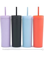 SKINNY TUMBLERS (4 pack) Matte Pastel Colored Acrylic Tumblers with Lids and Straws |16oz Double Wall Plastic Tumblers With Straw Cleaner INCLUDED! Reusable Cup With Straw | Vinyl DIY Gifts
