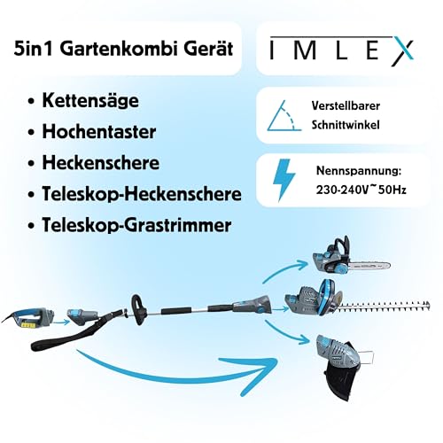 IMLEX Multi-Kombi-Garten-Set 5in1 Heckenschere Rasentrimmer Kettensäge mit Teleskopstab und Verstellbarer Schnittwinkel thumbnail 2