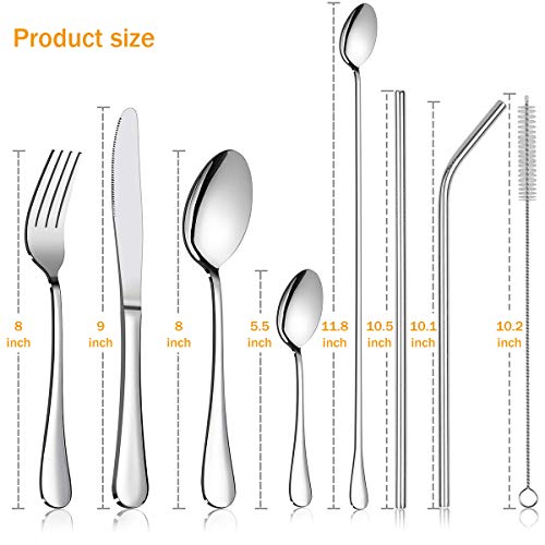 Silverware Flatware Cutlery Set,Portable Utensils LPOLER 32 Pieces Stainless Steel Utensils Service for 4,Include Knife,Fork,Spoon,Straw and Cleaning Brush,Mirror Polished,Dishwasher Safe