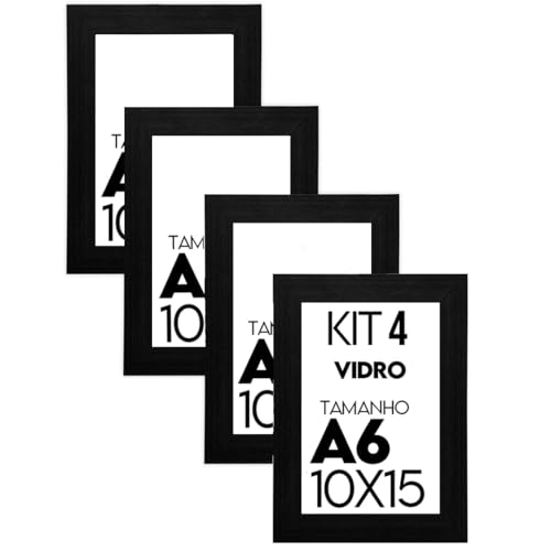 Kit com 4 Porta-Retratos com Moldura e Vidro para Fotos e Decoração (Preto, 10x15)