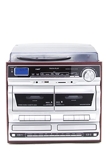 TechPlay ODCR2110, High Power (30W RMS)Retro Classic turntable, W/ CD recorder, Cassette recorder & wireless Bluetooth connection. AM/FM alarm clock, SD, USB, AUX and headphone ports