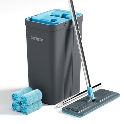 JOYMOOP Wischmopp- und Eimer-Set mit Auswringer, Wischmopps für Bodenreinigung, Wandwischerreiniger mit langem Griff, mit 4 wiederverwendbaren Mikrofaser-Mopp-P