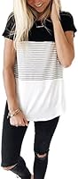 YunJey Short Sleeve Round Neck Triple Color Block Stripe T-Shirt Casual Blouse