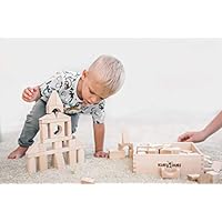 Solid Wooden building blocks for toddlers - kids blocks to spark creativity, imagination. 100 building blocks each wood block is made out natural Linden with hands. Invest in your children age 3-7