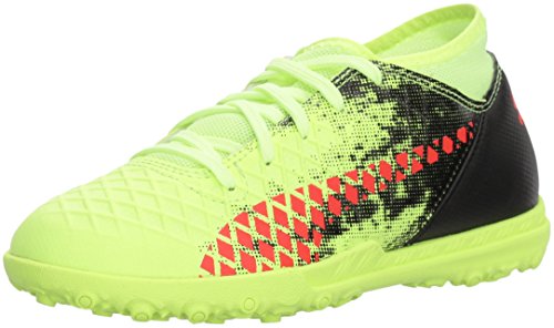 PUMA Unisex-Kids Future 18.4 TT Soccer Shoe, Fizzy Yellow-Red Blast Black, 4 M US Big Kid