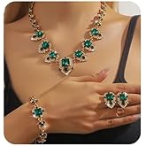 Xerling Green Rhinestone Chunky Crystal Jewelry Set Emerald Necklace Bracelet Earrings Set for Women Statement Brides Wedding Jewelry Art Deco