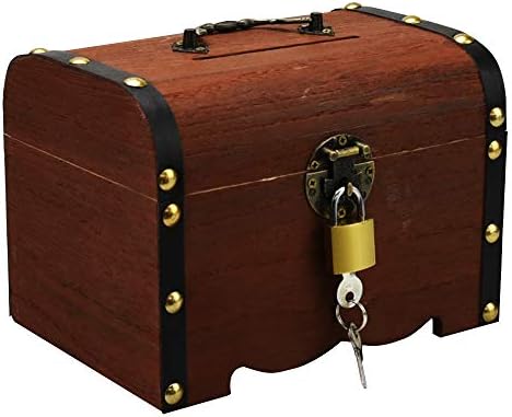 Tsfactory アンティーク調 鍵付き宝箱 木製 貯金箱 南京錠 収納 小物入れ ブラウン