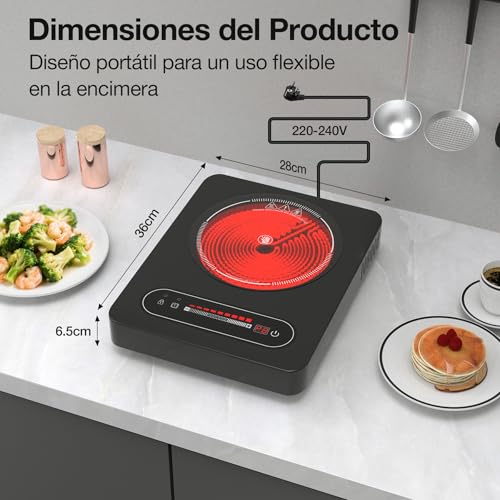 GTKZW Portable Ceramic Hob 2000W, Electric Stove 1 Fire 36 cm | Double Ring with 9 Power Levels and Timer, Compatible with All Utensils, for Camping and Small Kitchen
