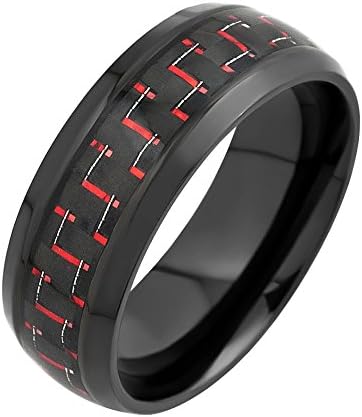 MRing 8mm Men's Black Titanium Ring Black and Red Carbon Fiber Inlay and Beveled Edges (9)