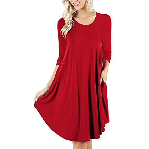 Sunmoot Casual Swing T-Shirt Dresses for Women 3/4 Sleeve Pocket O Neck Loose Above Knee Tunic Pencil Dresses for Party Red