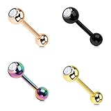 BodyJ4You Tongue Ring Barbells CZ Stainless Steel 14G (1.6mm) Set 4 Pieces
