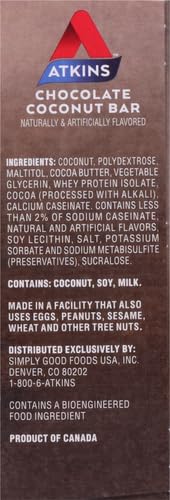 Atkins Endulge Chocolate Coconut Bar, Dessert Favorite, High in Fiber, 1g Sugar, 5 Count