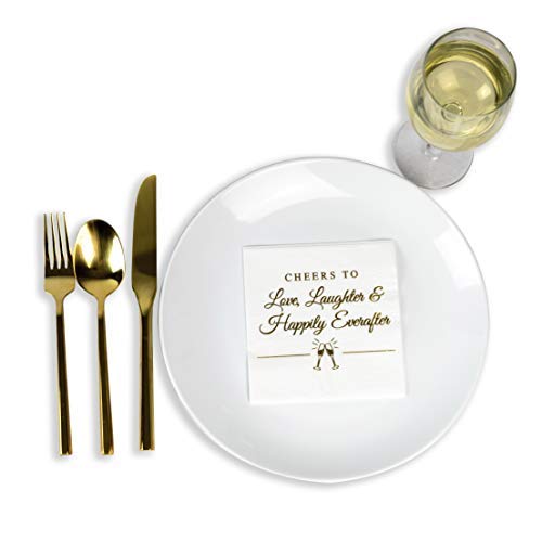 Napkins for Weddings, Rehearsal Dinners, More -"Cheers to Love, Laughter & Happily Ever After" Gold Lettered White Cocktail Napkins, 4.9 sq. in. Fancy Beverage Napkins & Decór by Bollepo (50)