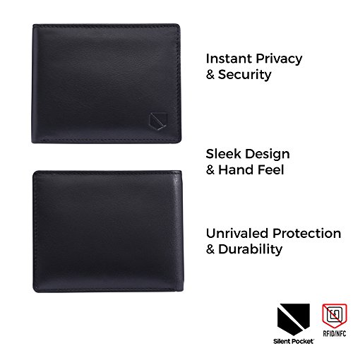 Silent Pocket Black Leather RFID Blocking Bi-Fold Wallet (Jet Black)