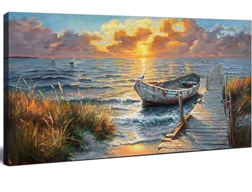 Sunset Ocean Vintage Coastal Boat Canvas Wall Art 29" x 58" at Amazon