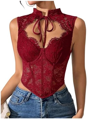 SOLY HUX Women's Lace Bustier Corset Tie Front Mesh Party Going