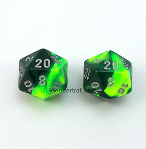 WCXPG2054E2 Green Yellow Gemini Dice with Silver Numbers D20 Aprox 16mm (5/8in) Pack of 2 Dice Chessex