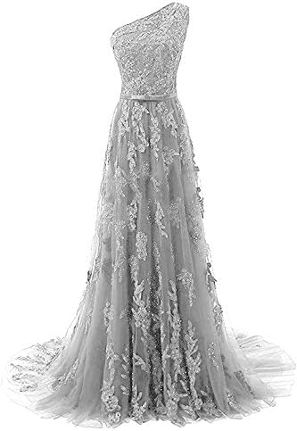 CutieTell Women's One Shoulder Evening Party Gowns Lace Appliques Formal Prom Dresses Long Grey US22w