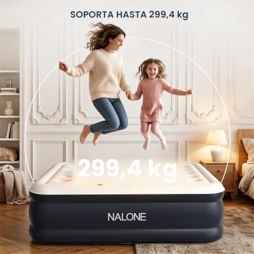 NALONE Inflatable Mattress with Integrated Pump & Integrated Backrest, 2 Seater Inflatable Mattress, Self-Inflating Inflatable Bed for Camping and Home, 195 x 142 x 45 cm (Full) | Self-inflating inflatable bed with built-in headboard, for home and camping, comfortable and compact