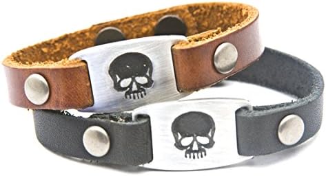 Dillon Rogers " Skull " - Men's Leather bracelet with metal I.D. style charm - Black