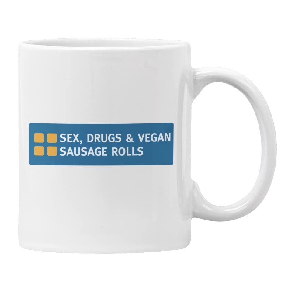 Plumfoolery Funny Vegan Mug Sex Drugs & Vegan Sausage Rolls Greggs Gift (White)