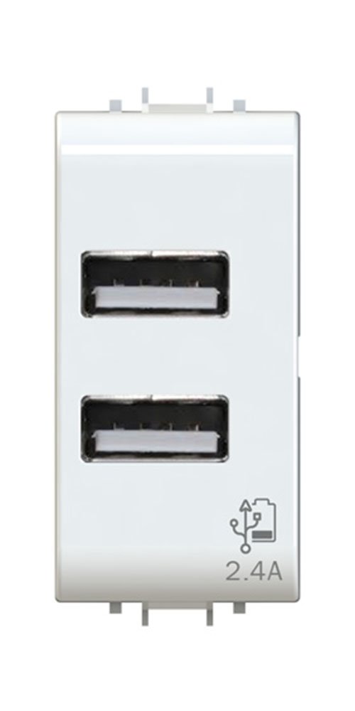 USB 2.4 A Plug to 2 Outputs on White Single Module Compatible with Gewiss Chorus