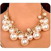 Wiwpar Women Statement Gold Short Chain Pendant Pearl Necklaces Chunky Faux Pearl Cluster Collar Bib Choker Necklace and Earrings Set for Women Gift