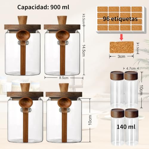 MOISLAS Frascos de Vidrio Herméticos 8 PCS con Tapa madera exquisita 900ml 140ml Frasco para Organización Contenedor para Almacer Alimento Especias Café Azúcar 4 exquisita cuchara de madera