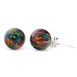 Aurora: 8mm Black Created Opal Ball Stud Post Earrings, Solid 925 Sterling Silver