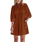 Opemiby Womens Casual Dresses Corduroy Button Up Empire Waist 3/4 Sleeve Fall Winter Mini Babydoll Dress