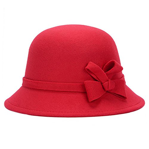 Freedi Bowler Hat Fedora Hats Dress Up Derby Hats Wide Brim Bow for Costume Adults Women Winter (Red) - Thumbnail 7