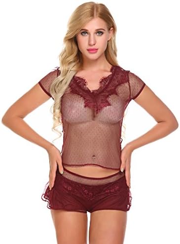 FANEO Women Sexy Lace Lingerie Sheer Mesh See Through Sleepwear V Neck Short Pajamas Set