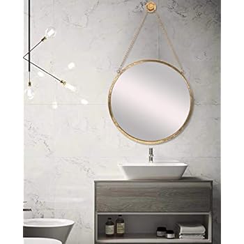 SIMMER STONE 20'' Round Mirror with Hanging Chain, Metal Framed Decorative Wall Mirror, Wall Mount Hook Offered, Gold