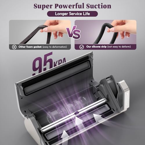 Mesliese Vacuum Sealer Machine, 95kPa 140W Double Seal Powerful Food Sealer, One Hand Operation Food Storage with Build-in Cutter & Roll Storage (Gray)