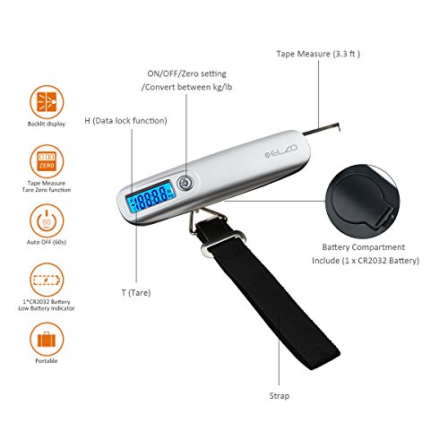 Elzo Digital Luggage Scale with Tape Measure for Travel Baggage Weight & Dimension Measurement, Velvet Carry Protective Bag and CR2032 Lithium Included (Silver)