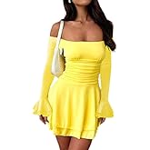 ABINGOO Women Off Shoulder Ruched Mini Dress Sexy Long Sleeve Ruffle Tiered Flowy Tube A Line Dress Fall Bodycon Short Dress
