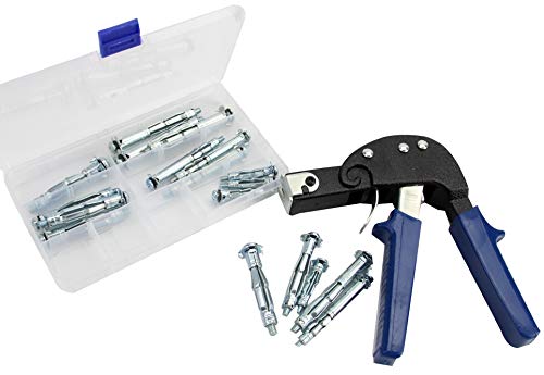 Leberna 18 pcs Heavy Duty Zinc Plated Steel Long Molly Bolt with Gun Wall Anchor Metal Setting Tool, Fasteners Hollow Drive Screws Assortment Kit, Cavity Plasterboard Fixing Drywalls Hanging Paneling