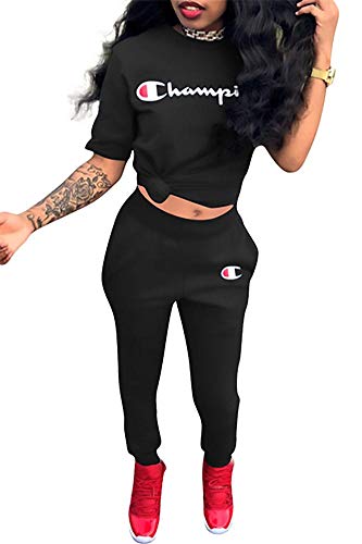 Womens 2 Piece Outfits Letter Print Short Sleeve Crop Top and Skinny Leggings Pants Sweatsuit Tracksuit Set - Thumbnail 3