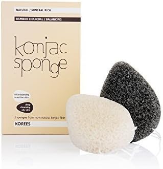 KOREES Konjac Facial Sponge, SET - 2 PACK, Bamboo Charcoal and Natural sponges