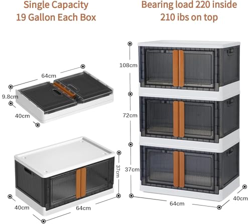 Keqin 3 Pack Collapsible Storage Bins with Lids & Wheels, Large Capacity Plastic Toy Storage Container, Multi Layered Transparent Organizer Box for Home Office Trunk Outdoor, 19 Gal