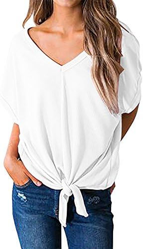 YOMISOY Womens V Neck Knitted Ribbed T Shirt Loose Casual Tie Knot Short Sleeve Tops