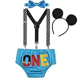 IBTOM CASTLE Baby Boys 1st Birthday Outfit Cartoon Bodysuit One Piece Gentleman Bottoms Suspender Straps with Bow-tie #21 Blue One 12-18 Months